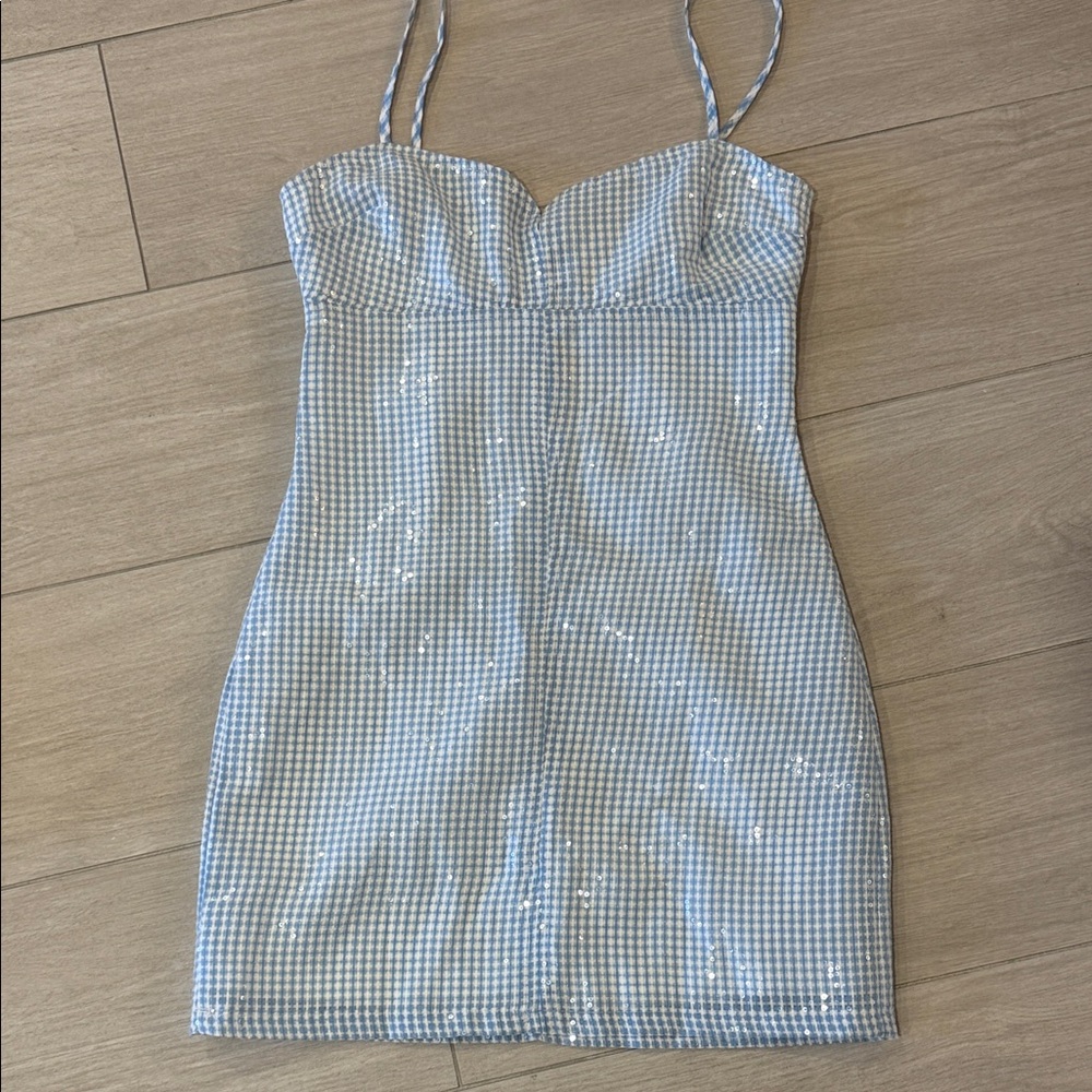 Storia Light Blue and White Checkered Mini Dress with clear sequin size s